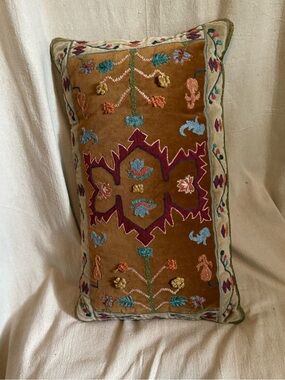 Embroidered Rust Floral Bohemian Accent Pillow